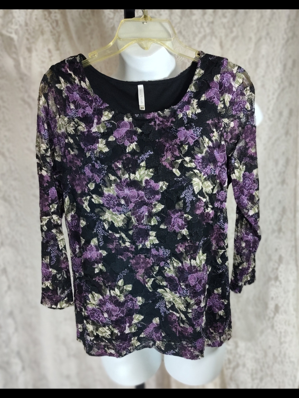 Floral Lace Overlay Long-Sleeve Top - Purple/Black